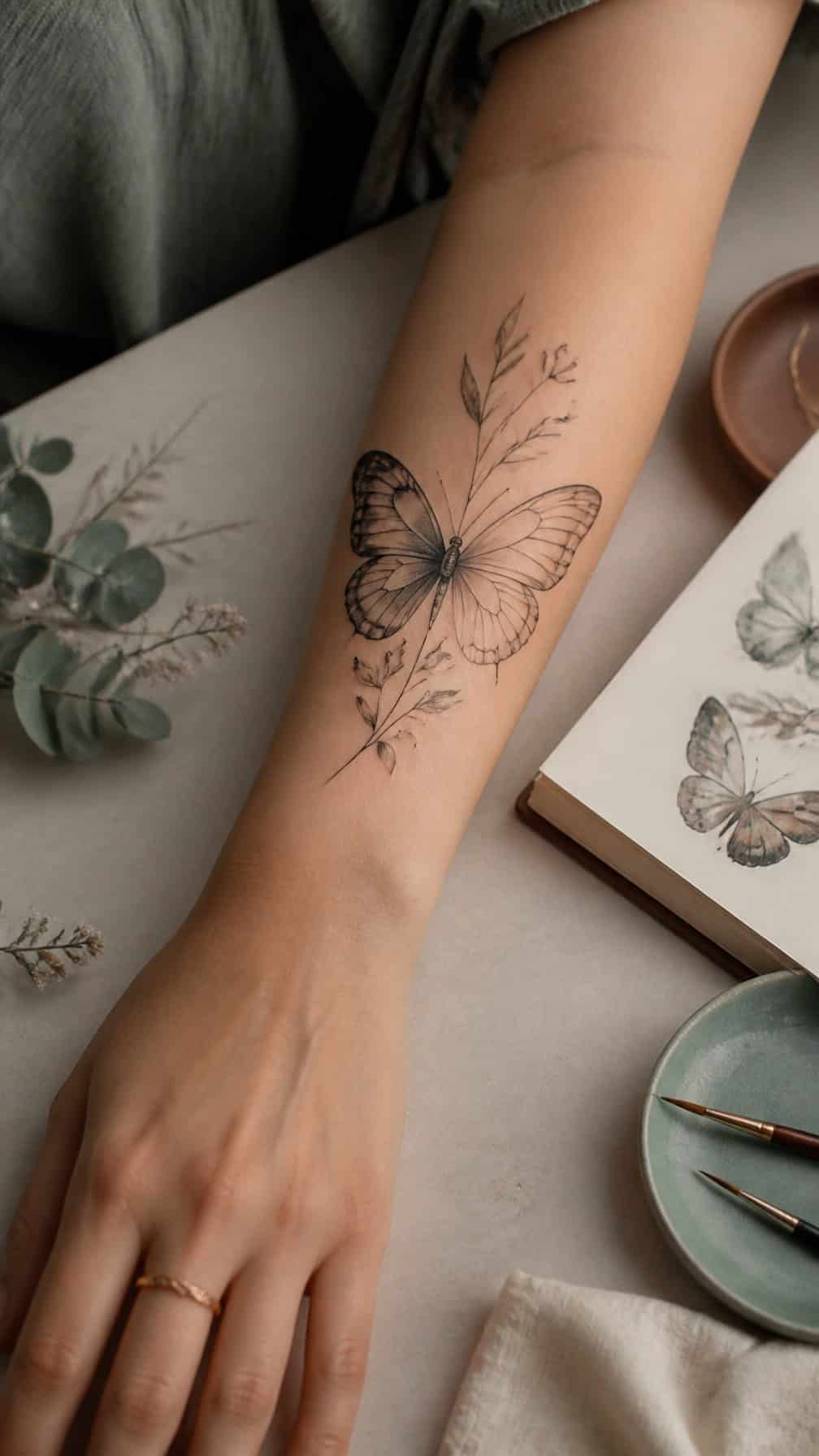 A person displays a delicate custom butterfly tattoo on their forearm beside botanical sketches and art supplies.