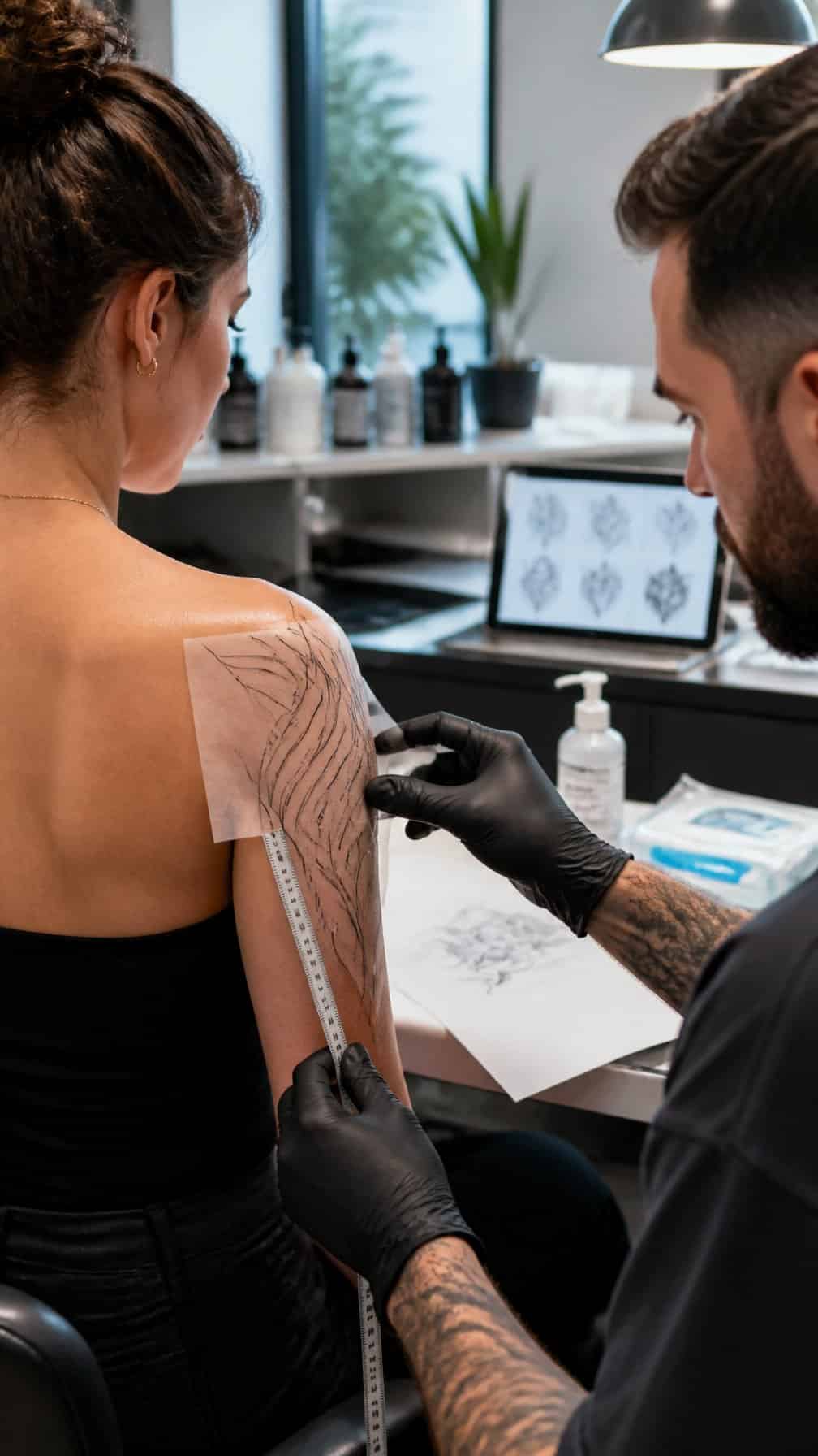 A tattoo artist measures a client’s shoulder and upper arm during a consultation in a clean studio.