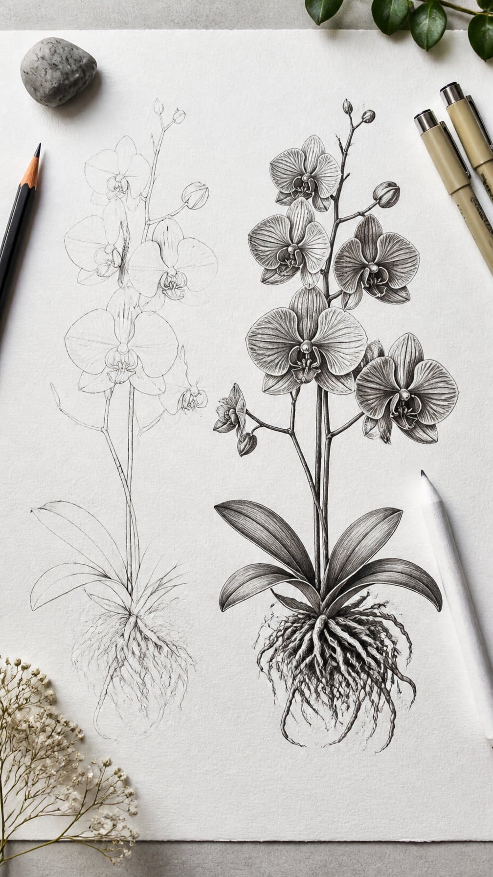 A detailed orchid drawing on white paper surrounded by drawing tools.