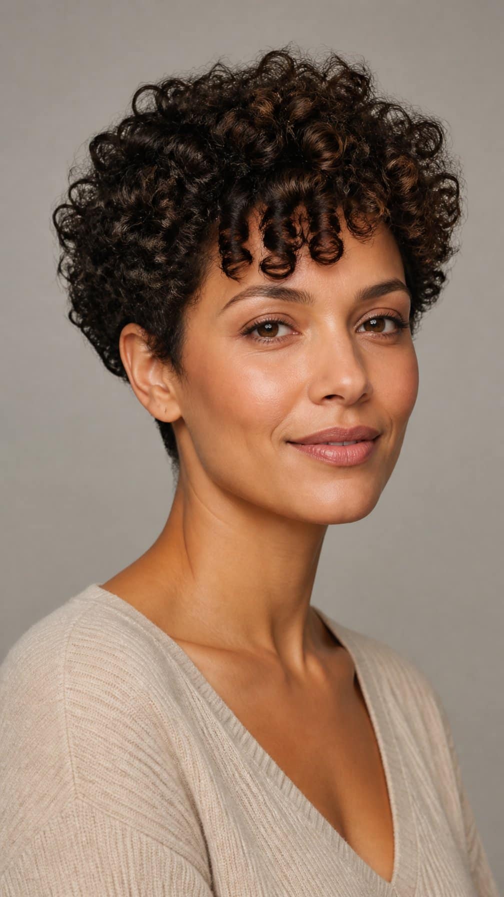 Woman with short, voluminous curly hair poses against a plain background.