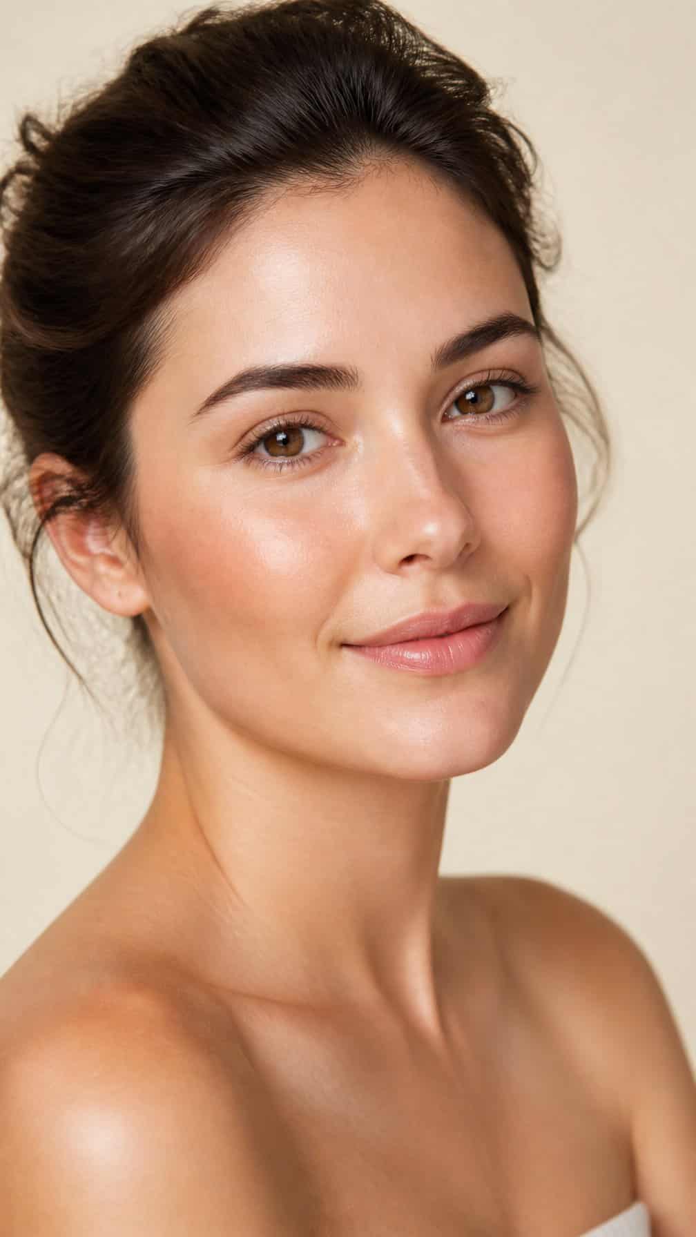 Close-up portrait of a woman wearing natural dewy makeup with a subtle champagne highlight at the inner corners of her eyes.