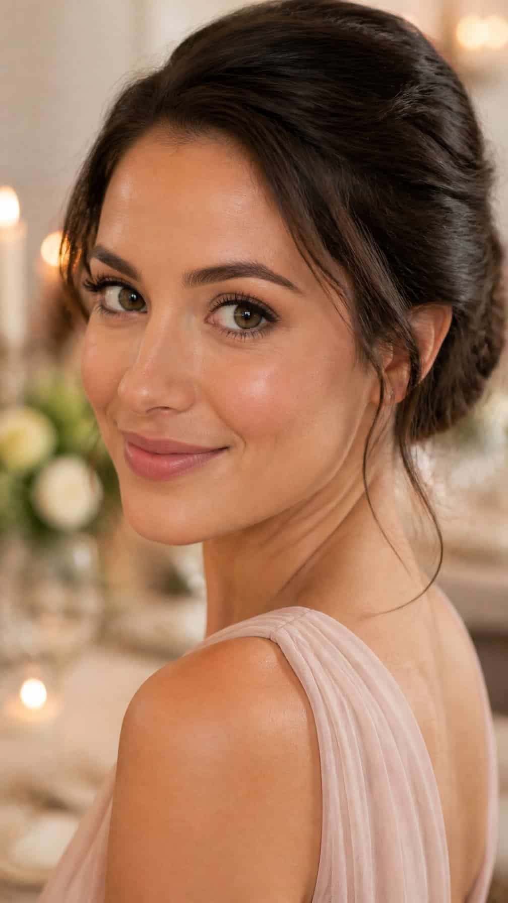 Bridesmaid with glowing skin and defined eyelashes posing at a softly lit wedding reception.