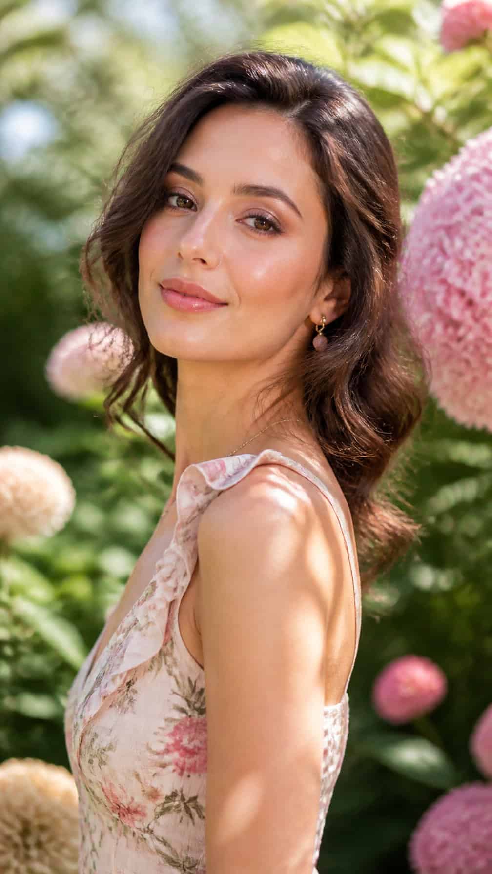 Woman wearing fresh dewy makeup in a blooming garden.
