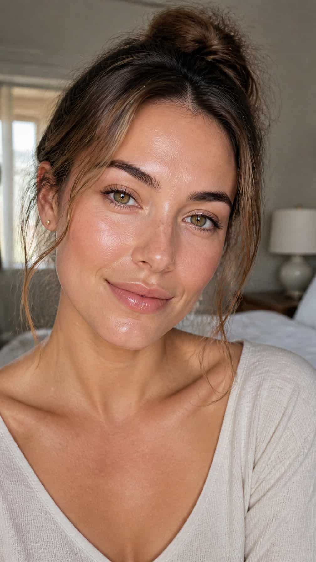 Woman with fresh dewy skin and a subtle glow on her cheekbones.