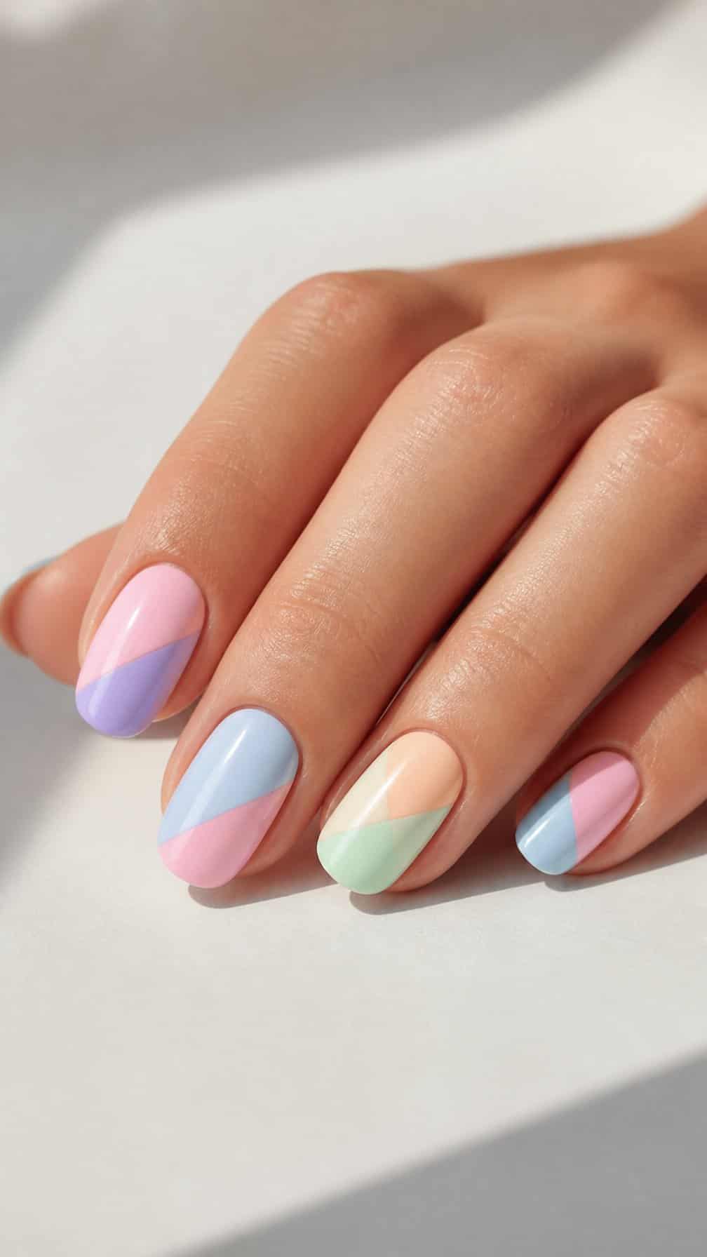 A close-up of a hand with neatly painted pastel nails featuring diagonal two-color designs.