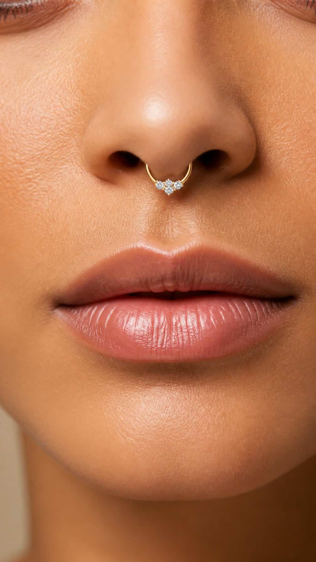 Close-up of a person wearing a delicate diamond-accent septum ring.