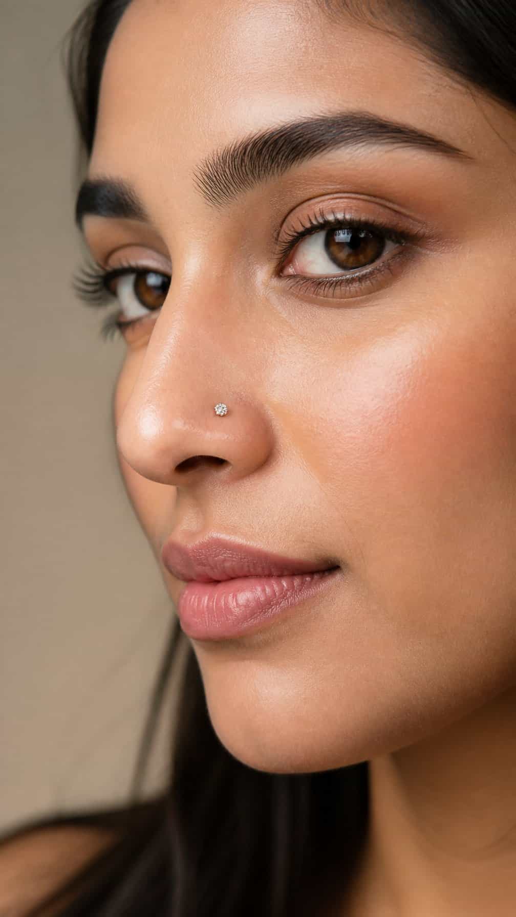 Close-up portrait of a person wearing a small diamond nostril stud.