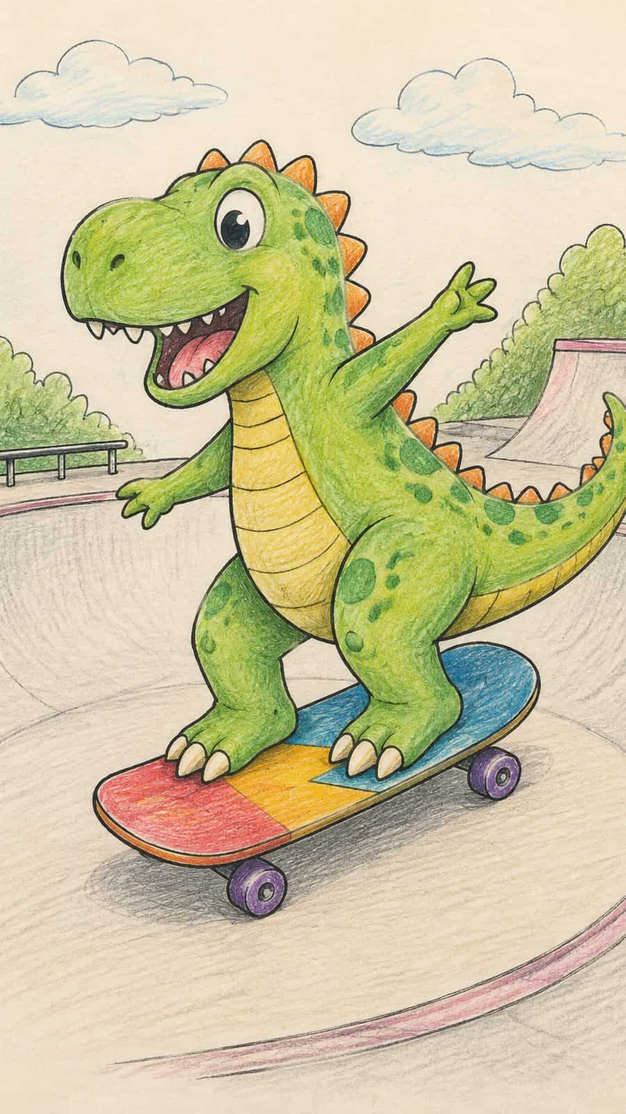 A hand-drawn artwork of dinosaur riding a skateboard.