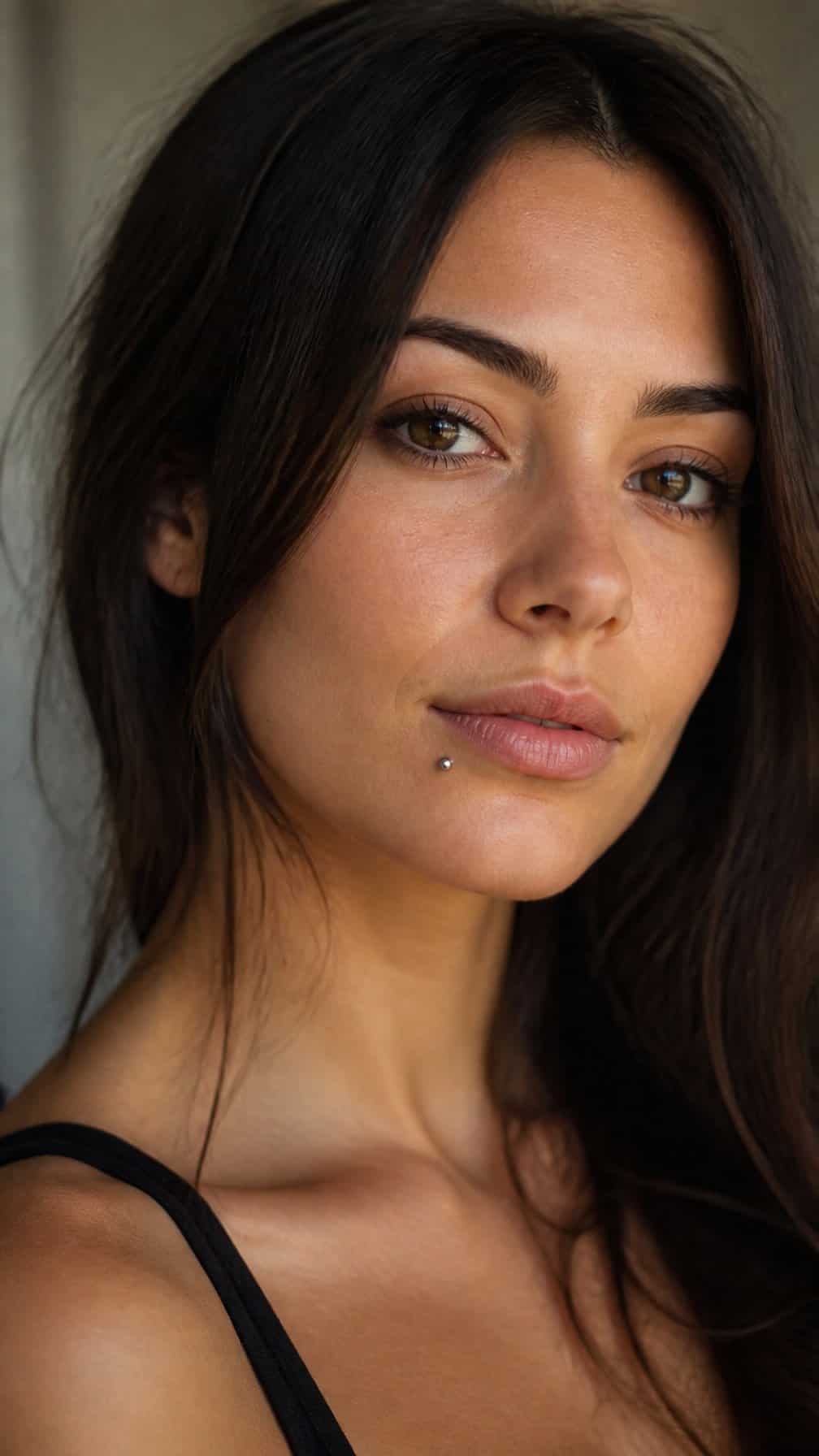 Close-up of a person with a small off-center labret piercing below the lower lip.