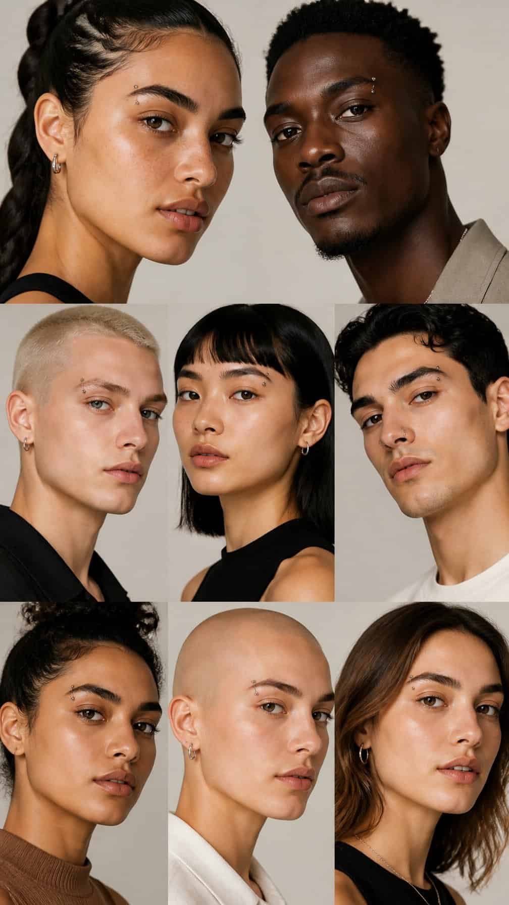 A diverse group of adults displaying various eyebrow piercings and jewelry styles.
