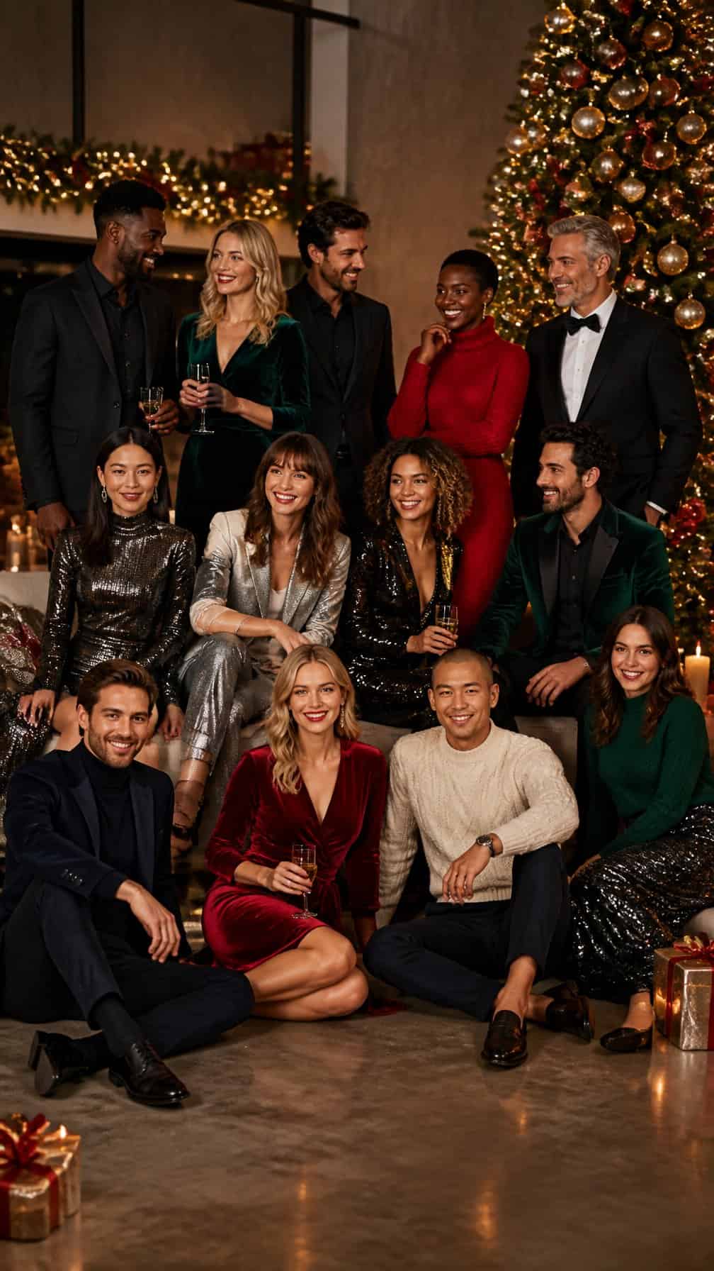 A diverse group of adults wearing varied festive Christmas party outfits in an elegant holiday setting.