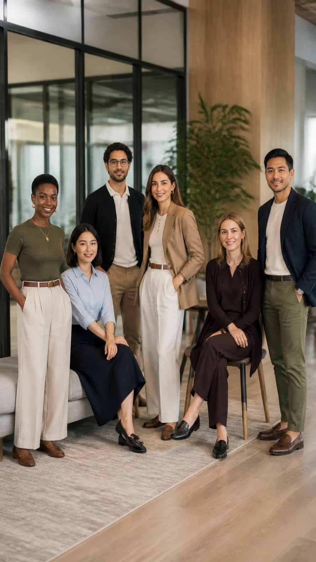 A diverse group of professionals wearing stylish business-casual outfits in a modern office.