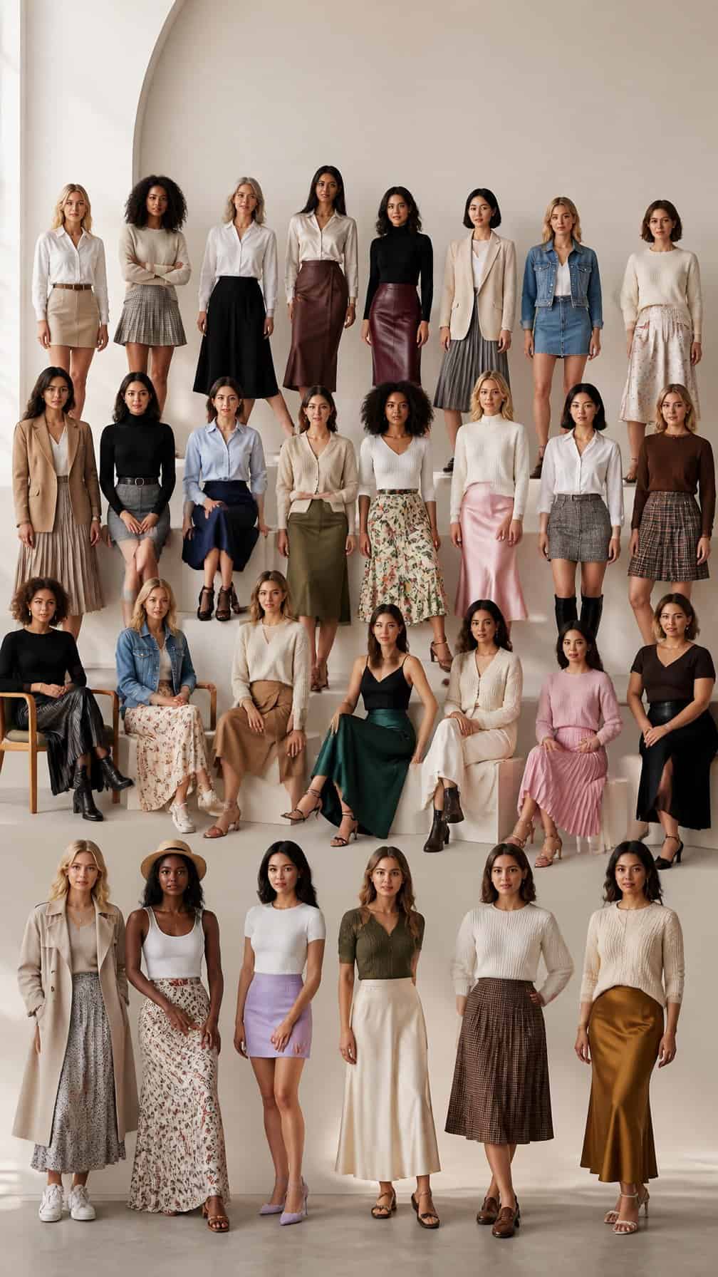 A diverse group of women models wearing 24 different skirt outfits ranging from mini to maxi lengths in a bright studio.