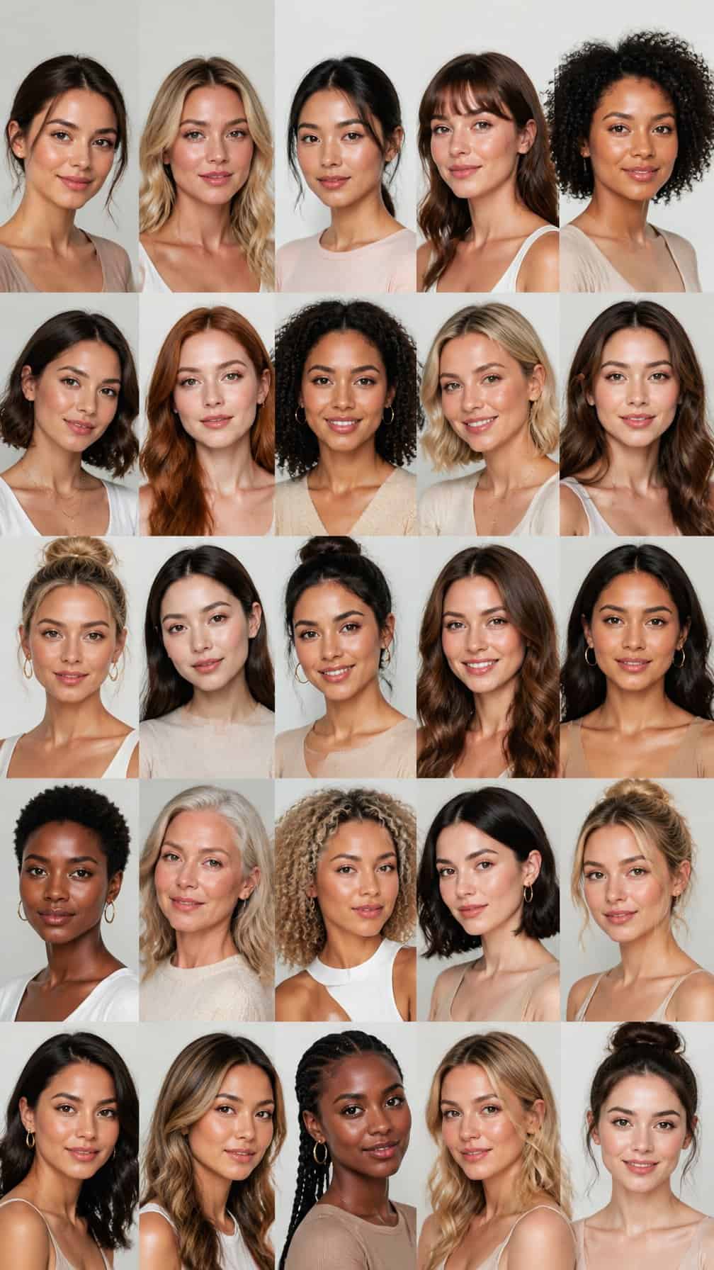 A diverse group of women wearing natural everyday makeup looks in a bright studio.
