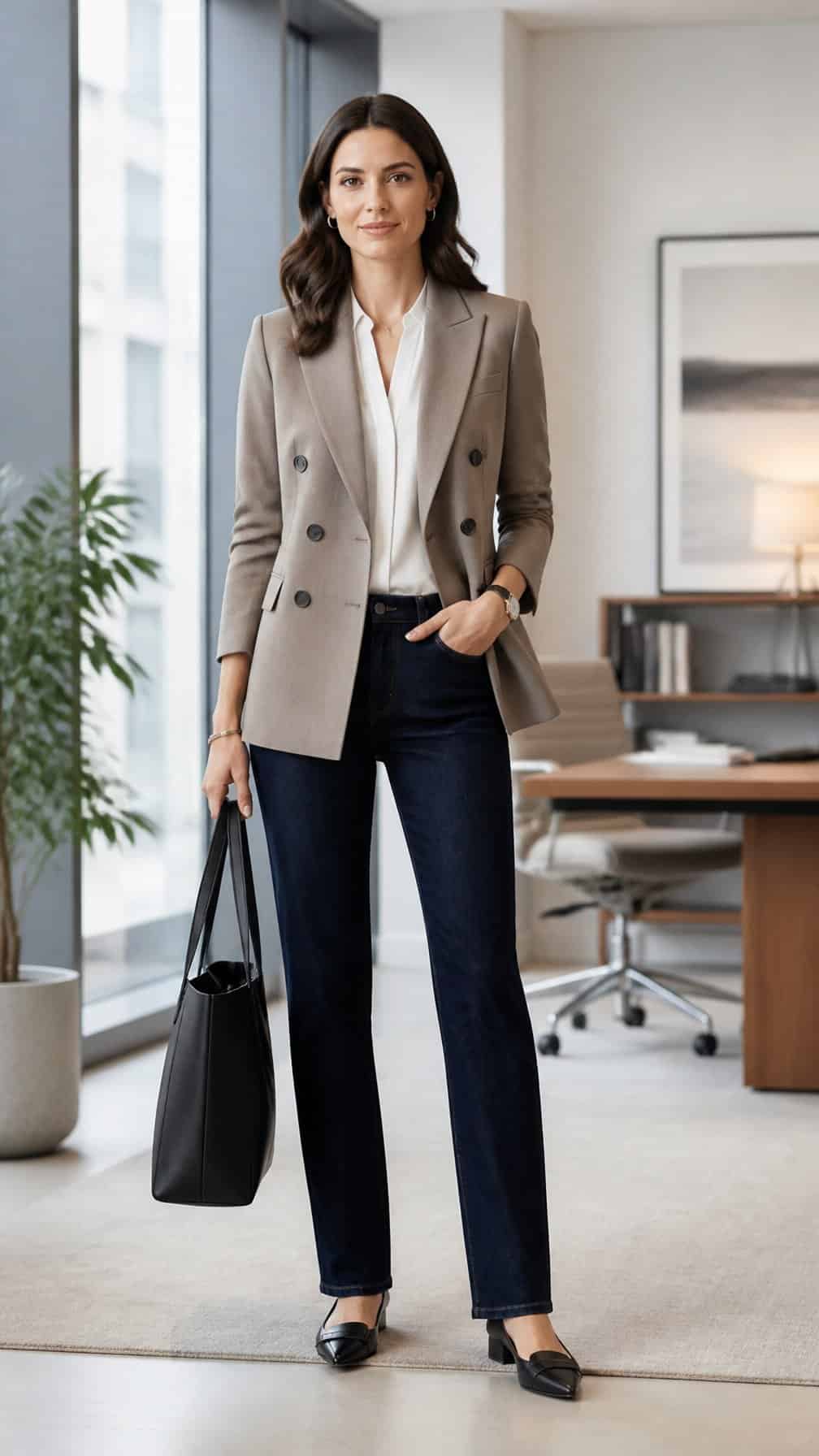 A woman in a double-breasted blazer and straight-leg jeans stands in a modern office.