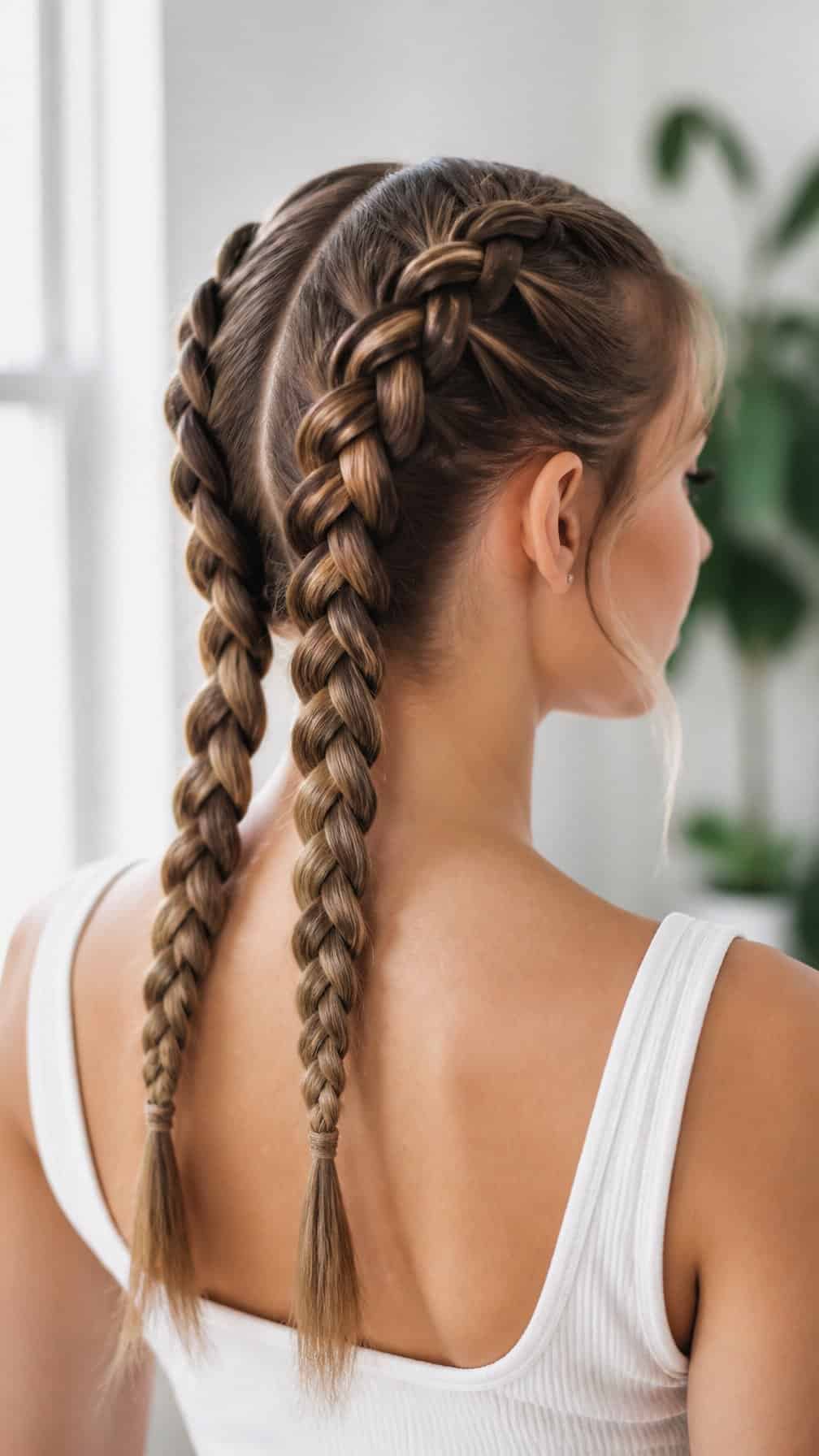 A woman shown from behind wearing two neat Dutch braids.