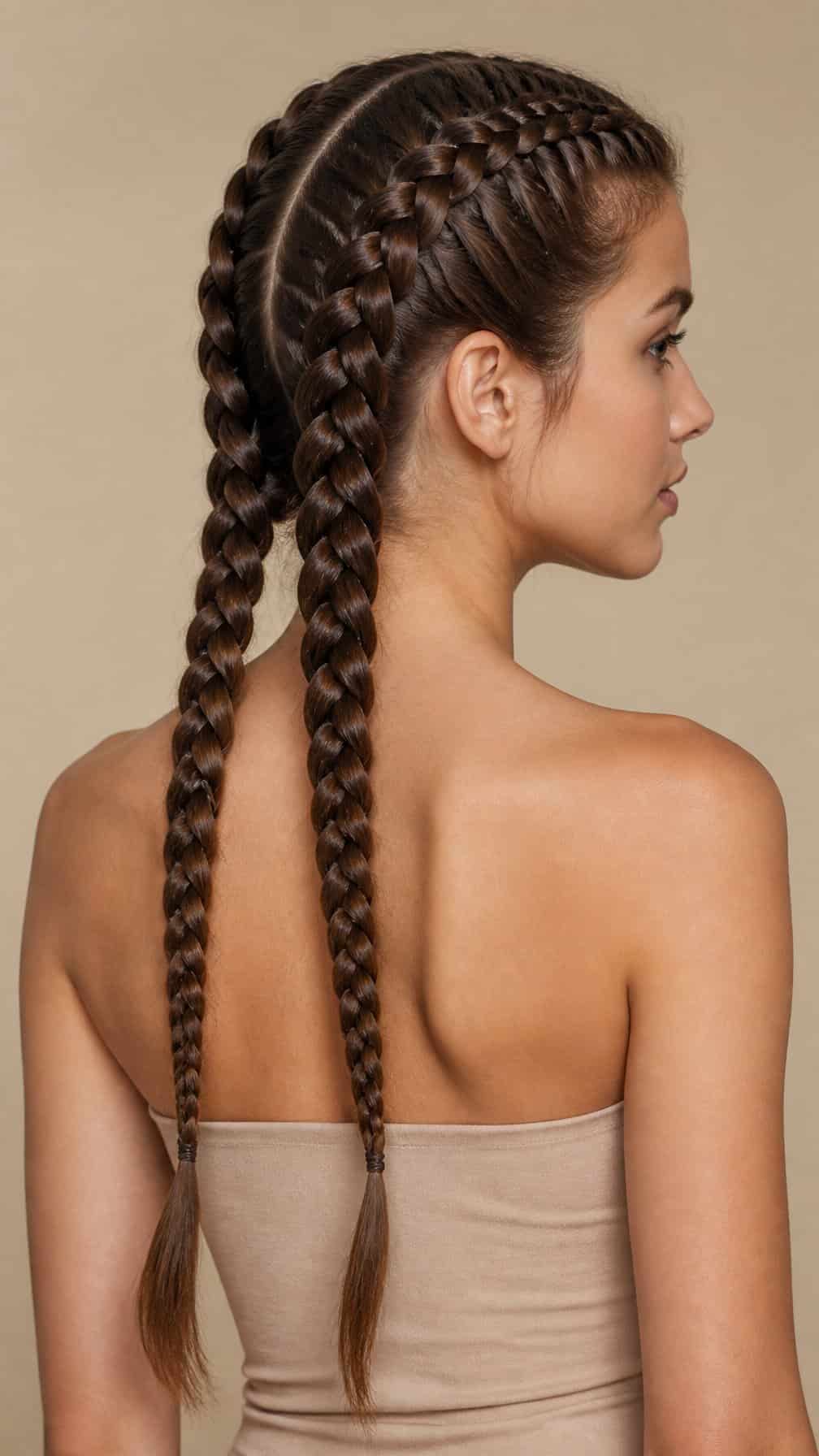 A woman with long hair wearing two neatly woven Dutch braids.
