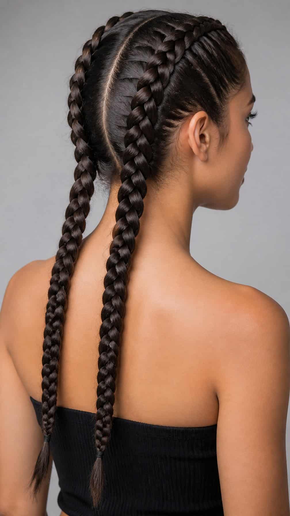 A woman with long hair wearing two neat Dutch braids.