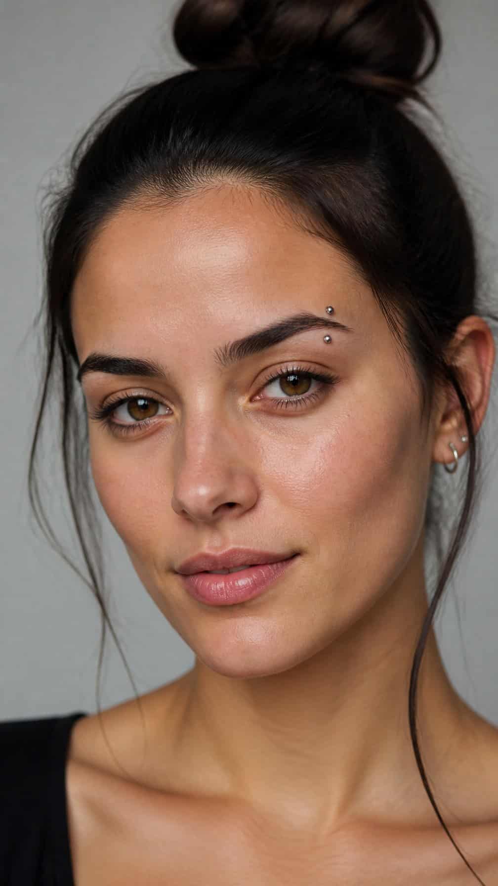 Close-up portrait of an adult with two small eyebrow piercings and neatly groomed brows.