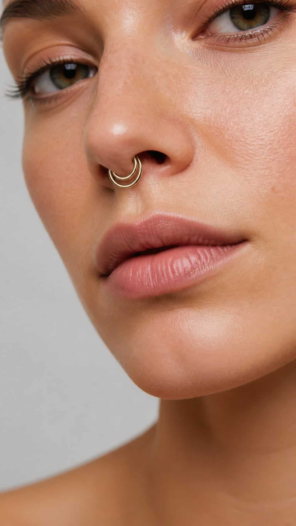 Close-up of an adult wearing two slim hoop rings stacked through the septum.
