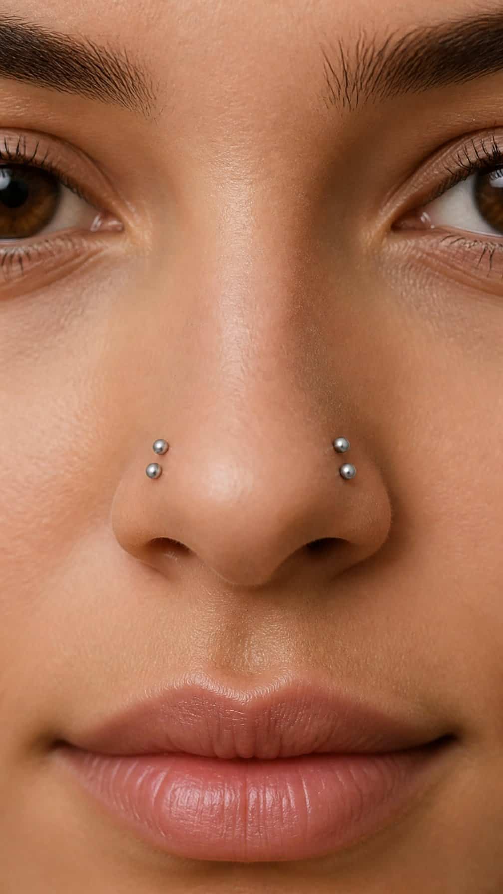Close-up of a nose with matching double nostril studs on both sides.