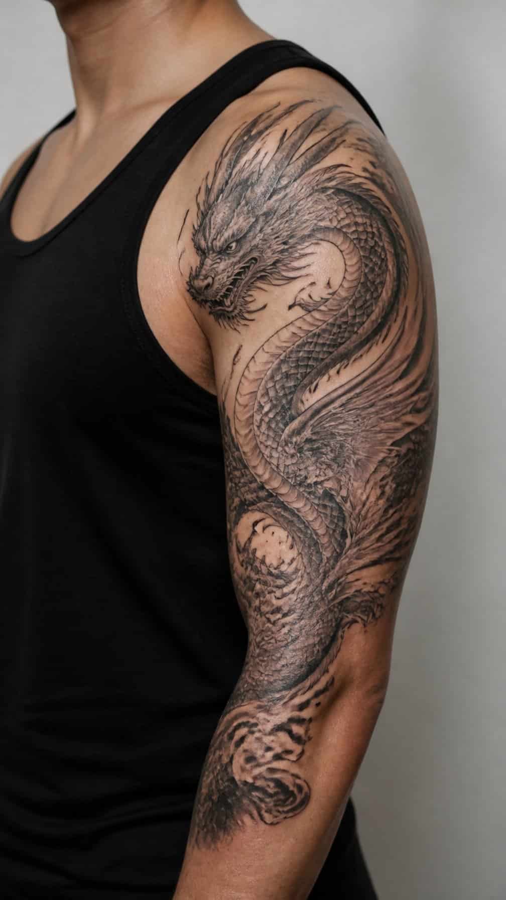 A dragon tattoo curves from a person's shoulder down along the upper arm.