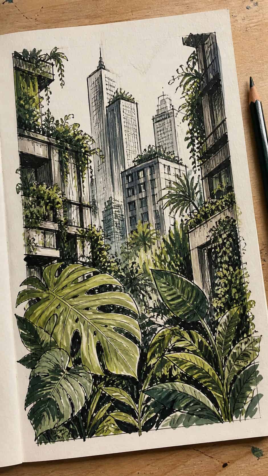 Hand-drawn urban jungle vibes in marker drawing on textured paper, shown in a slightly off-center overhead composition, like an artist — study 2