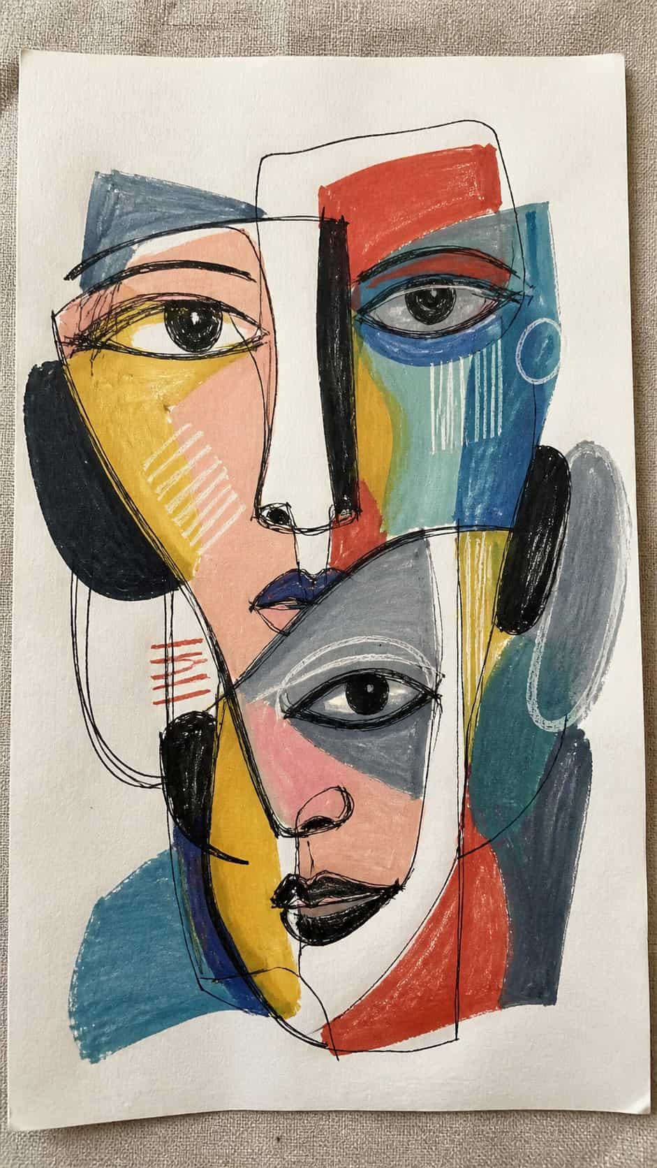 Hand-drawn abstract faces in marker drawing on textured paper, shown in a slightly off-center overhead composition, like an artist — study 2