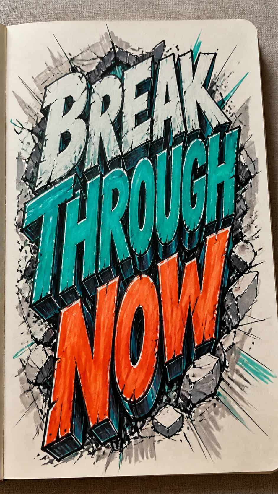 Hand-drawn dynamic lettering in marker drawing on textured paper, shown in a close overhead crop — study 1