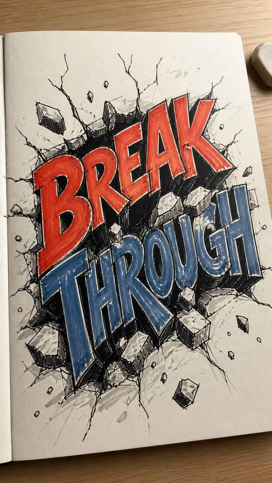 Hand-drawn dynamic lettering in marker drawing on textured paper, shown in a slightly off-center overhead composition, like an artist — study 2