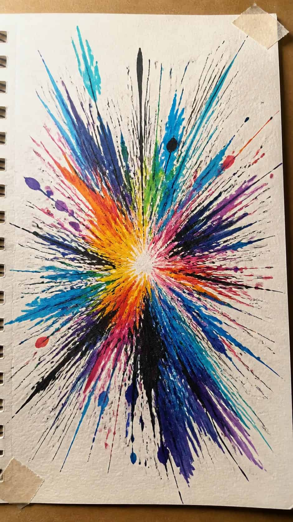Hand-drawn color splash explosion in marker drawing on textured paper, shown in a close overhead crop — study 3