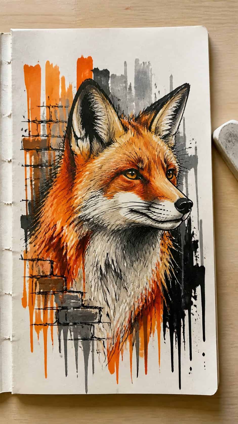 Hand-drawn street animal portraits in marker drawing on textured paper, shown in a slightly off-center overhead composition, like an — study 1