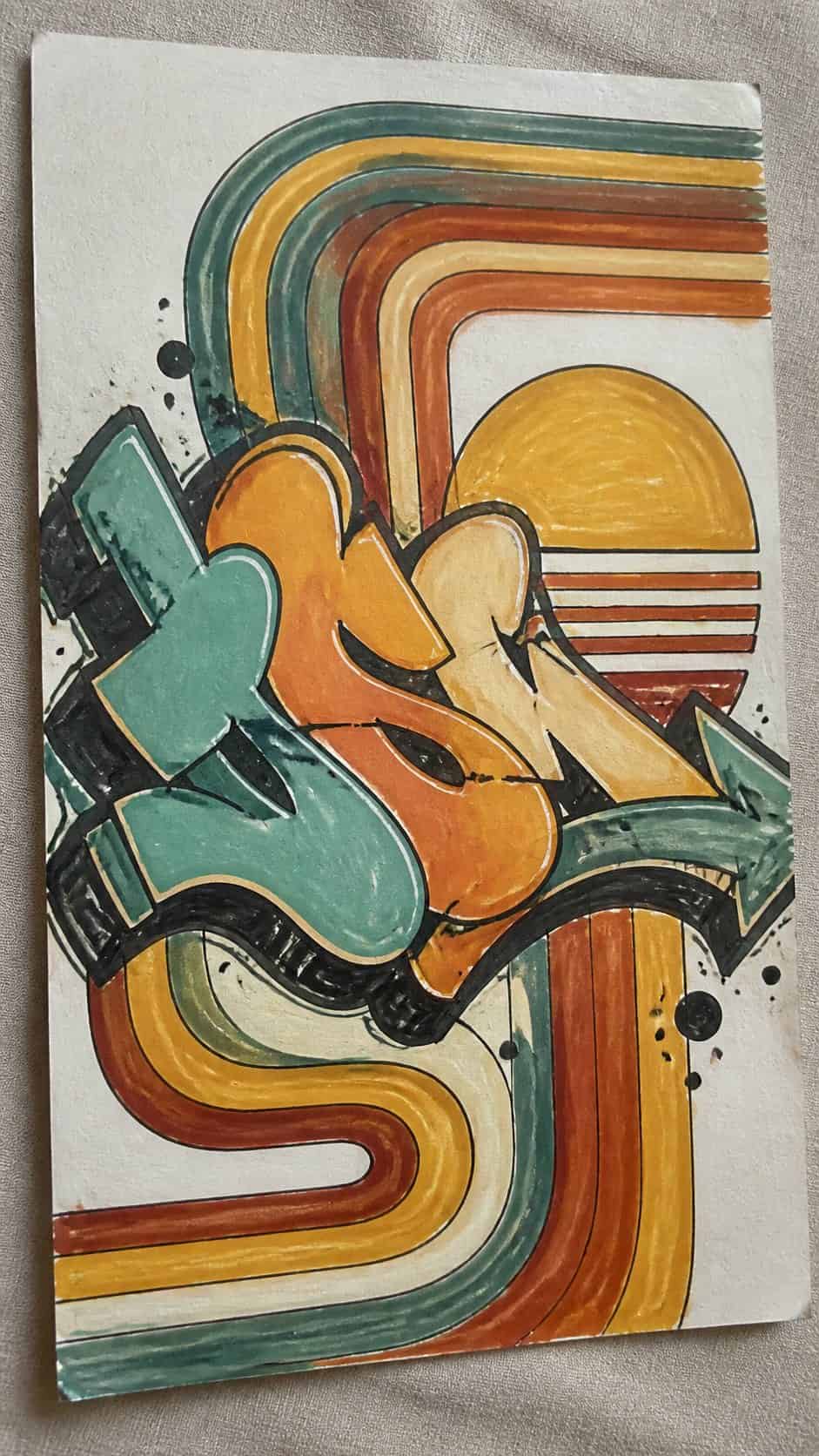Hand-drawn retro patterns in marker drawing on textured paper, shown in a gentle oblique desk view that shows paper tooth and shallow — study 2