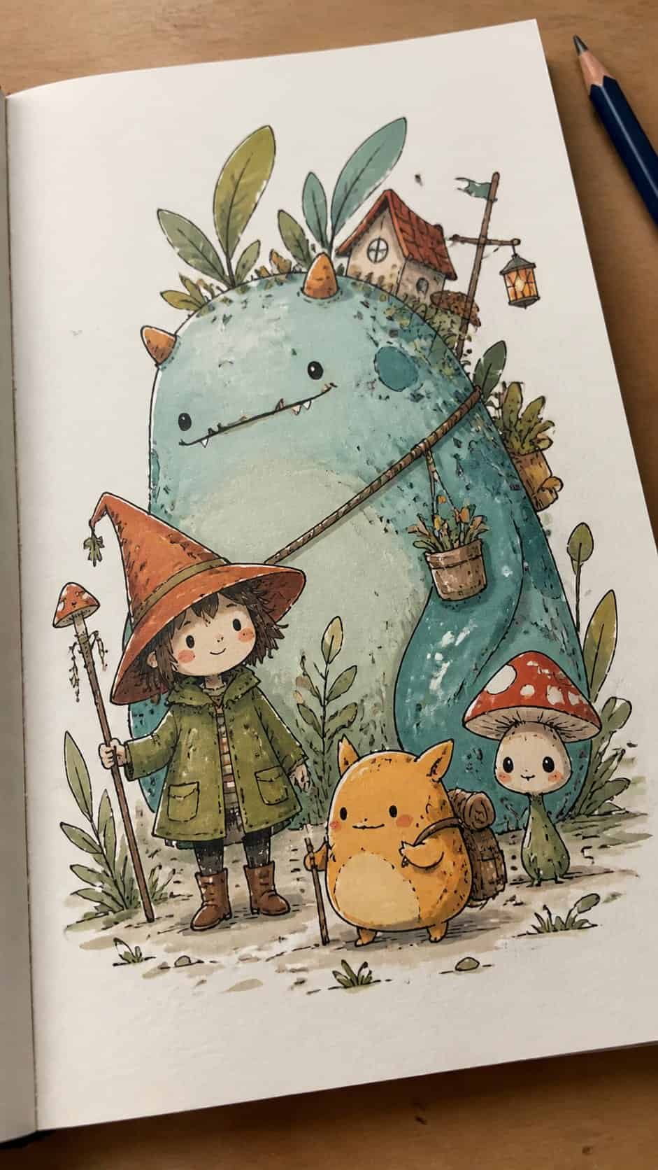 Hand-drawn whimsical characters in marker drawing on textured paper, shown in a gentle oblique desk view that shows paper tooth and — study 2