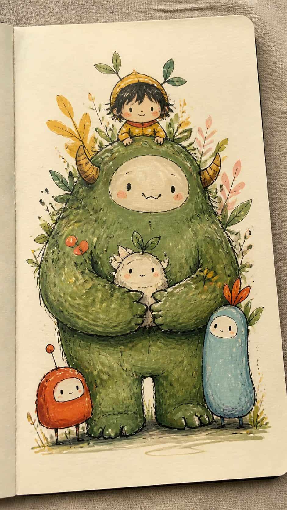 Hand-drawn whimsical characters in marker drawing on textured paper, shown in a close overhead crop — study 3