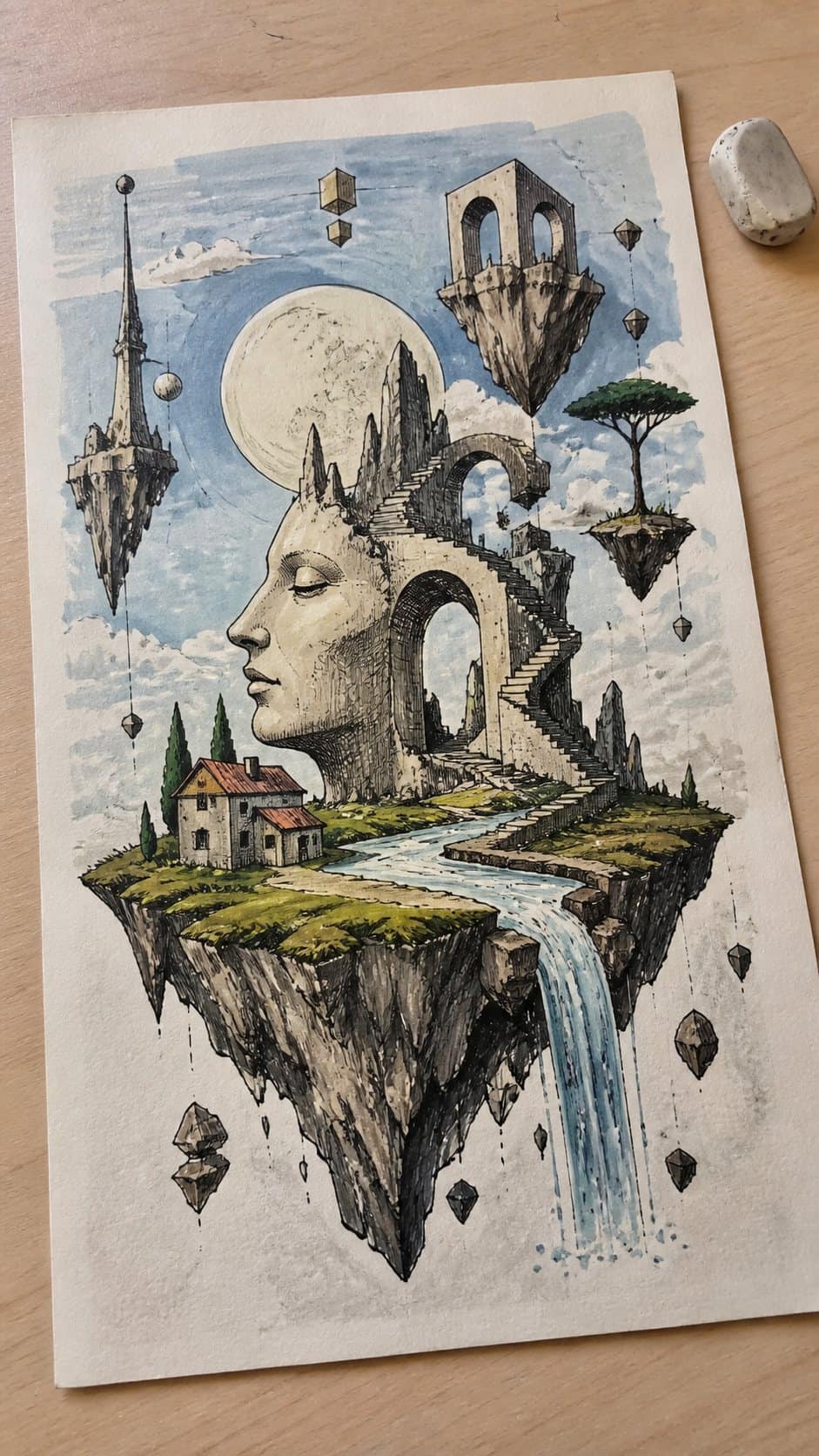 Hand-drawn surreal landscapes in marker drawing on textured paper, shown in a gentle oblique desk view that shows paper tooth and — study 1