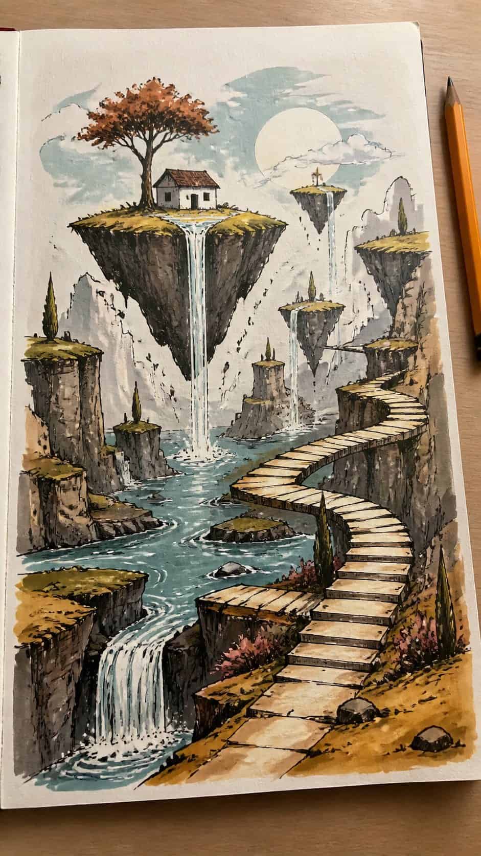 Hand-drawn surreal landscapes in marker drawing on textured paper, shown in a slightly off-center overhead composition, like an artist — study 3