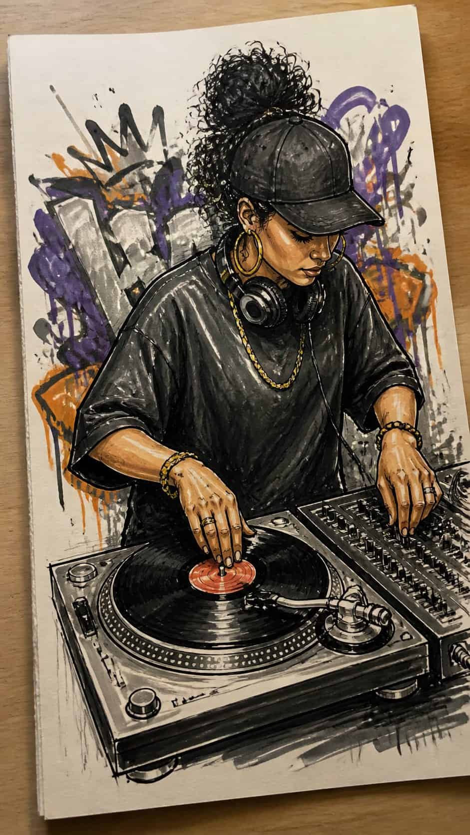 Hand-drawn hip-hop culture icons in marker drawing on textured paper, shown in a straight overhead view — study 1