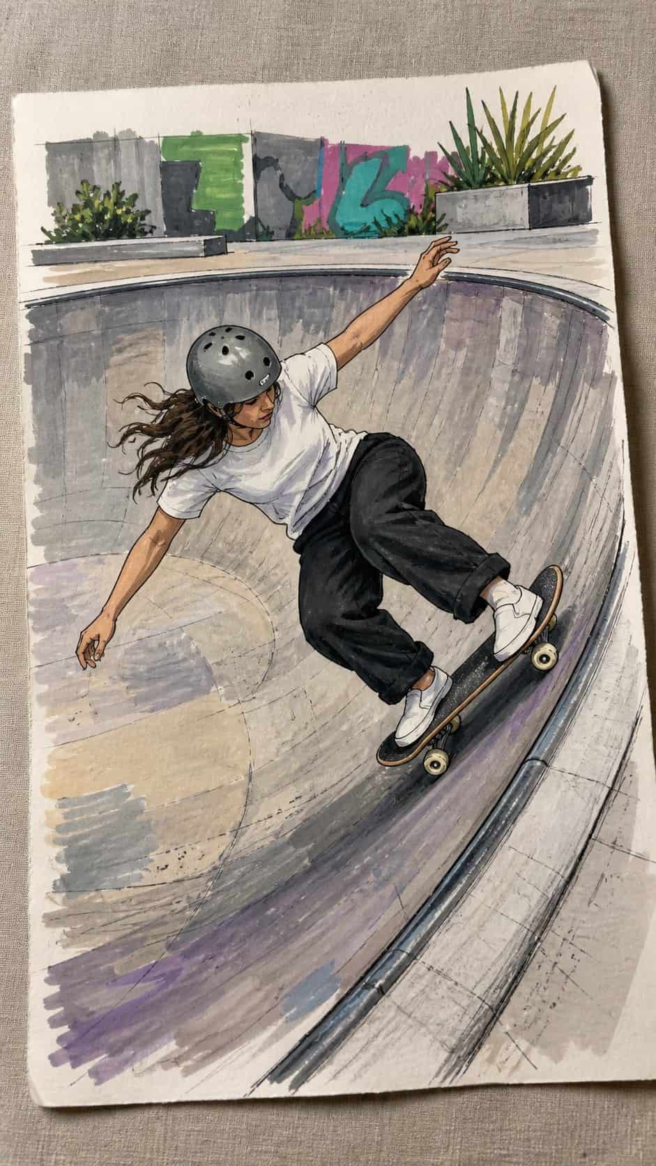 Hand-drawn skateboarding legends in marker drawing on textured paper, shown in a straight overhead view — study 2