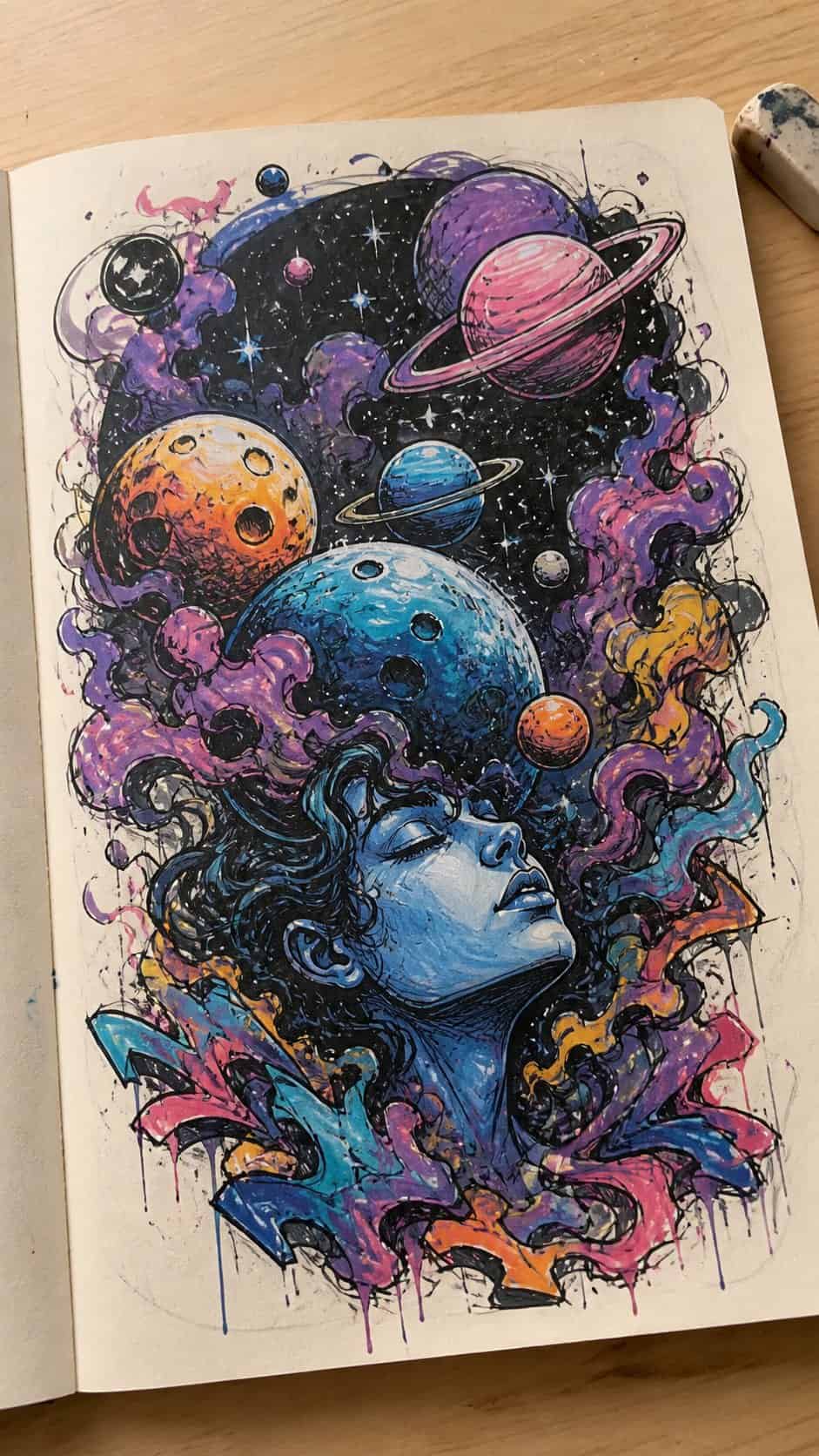 Hand-drawn cosmic dreams in marker drawing on textured paper, shown in a gentle oblique desk view that shows paper tooth and shallow — study 1