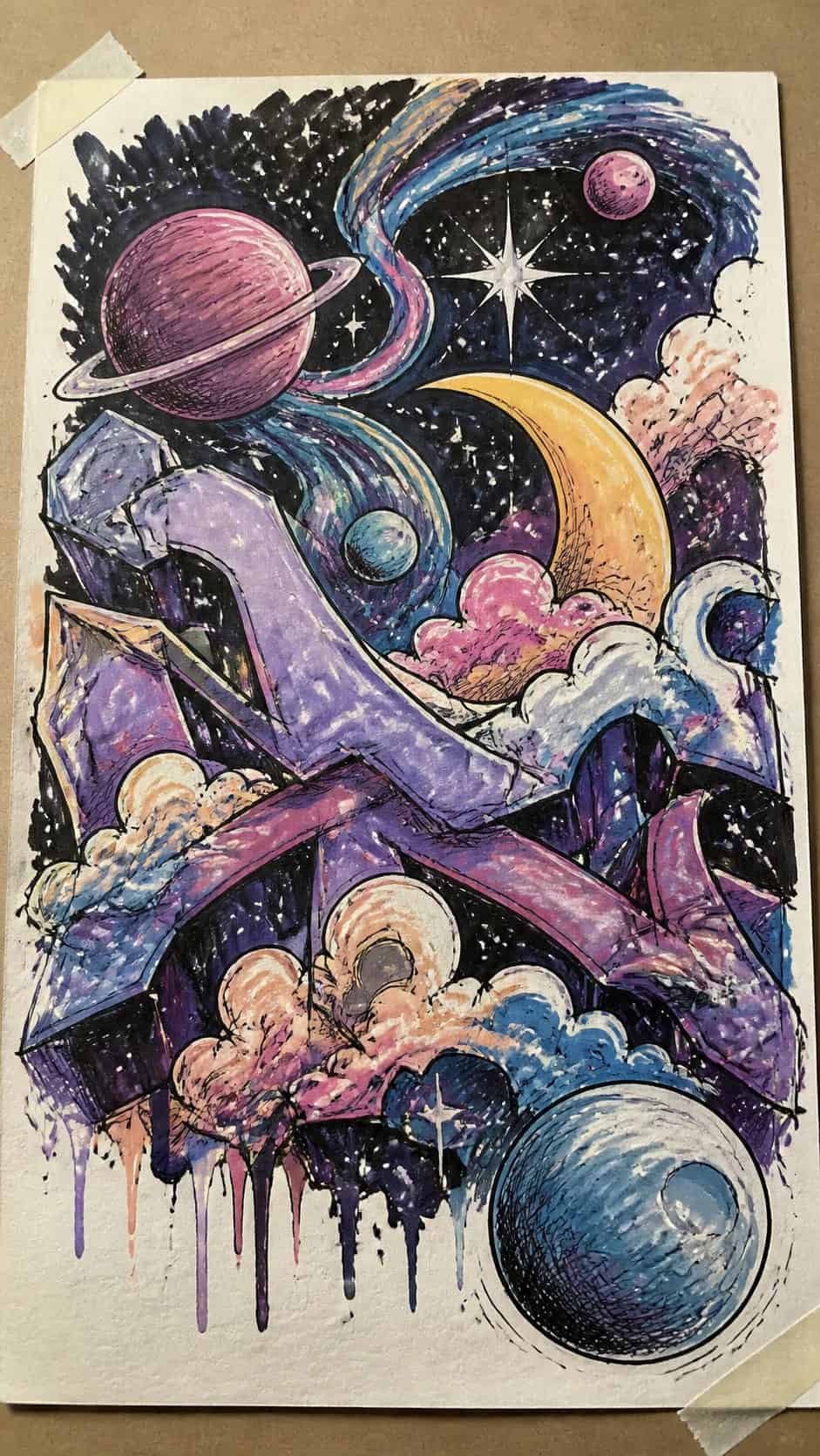 Hand-drawn cosmic dreams in marker drawing on textured paper, shown in a close overhead crop — study 2