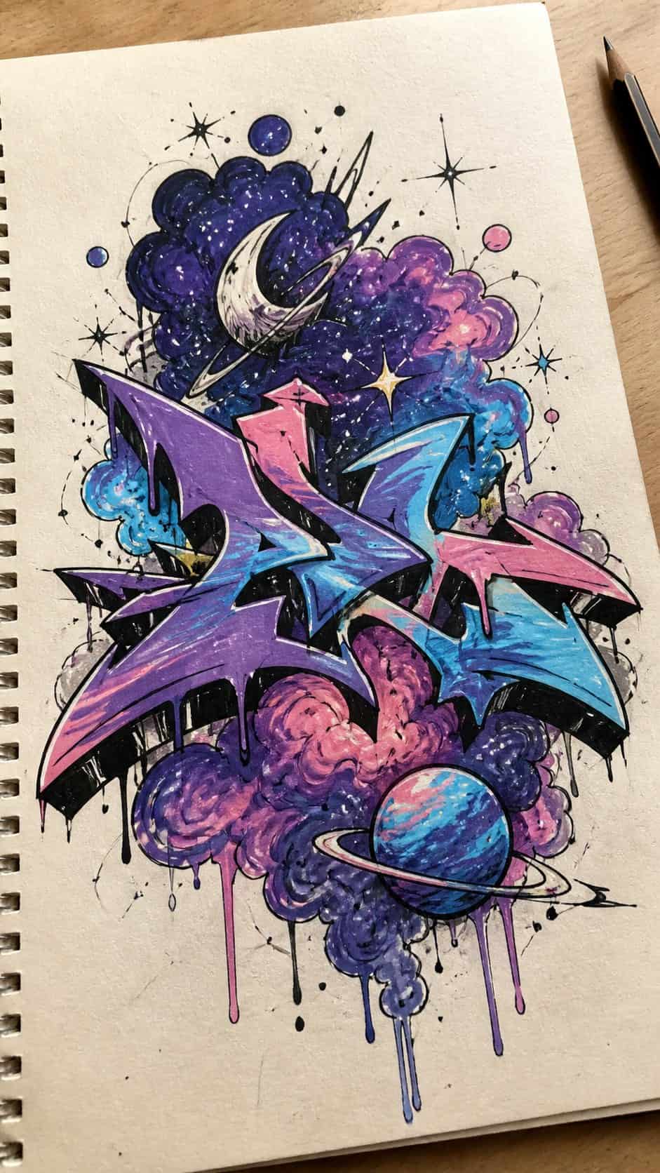 Hand-drawn cosmic dreams in marker drawing on textured paper, shown in a slightly off-center overhead composition, like an artist — study 3