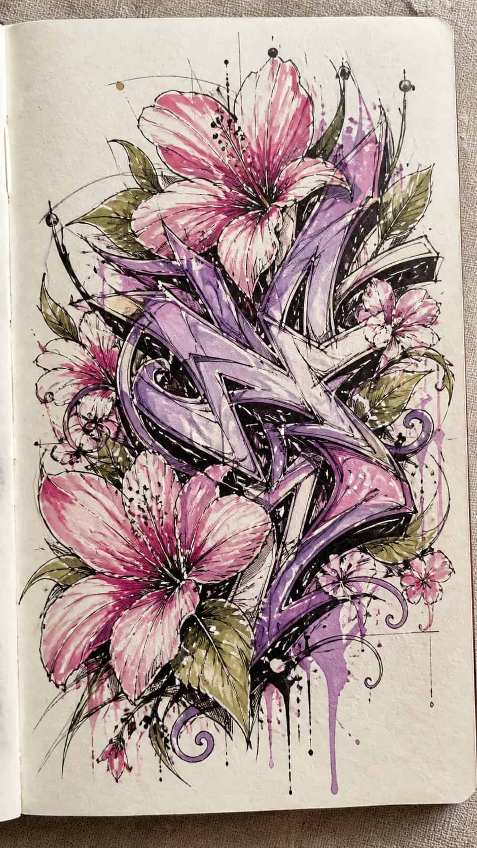 Hand-drawn floral intricacies in marker drawing on textured paper, shown in a close overhead crop — study 1