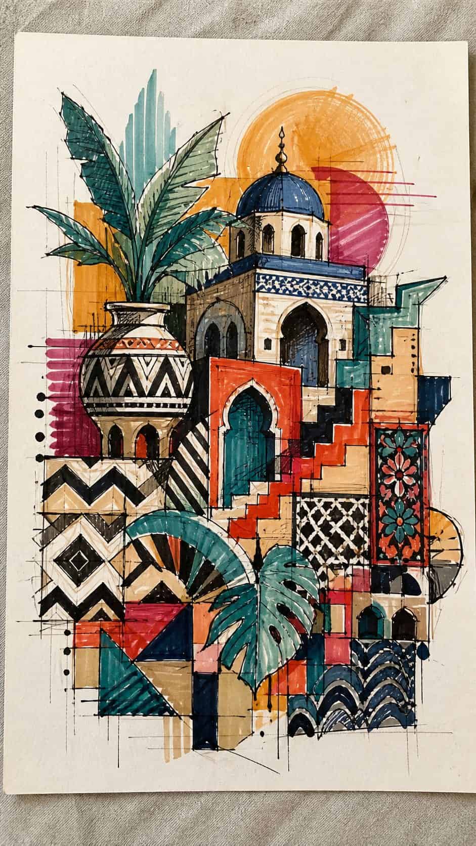 Hand-drawn cultural mashups in marker drawing on textured paper, shown in a slightly off-center overhead composition, like an artist — study 2