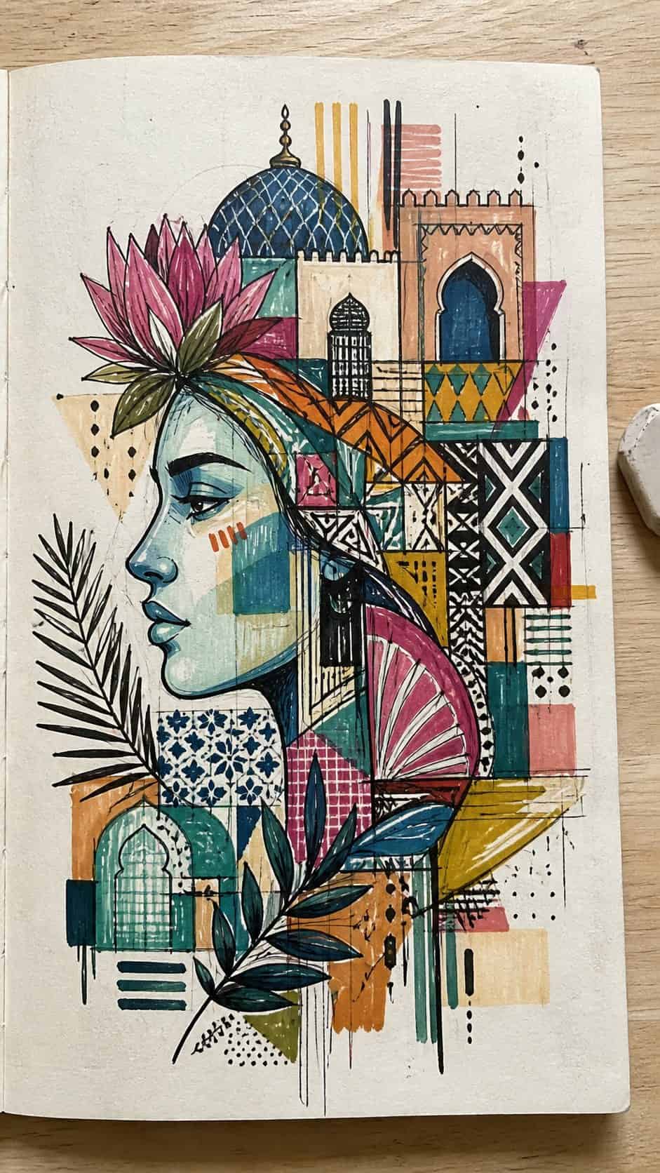 Hand-drawn cultural mashups in marker drawing on textured paper, shown in a straight overhead view — study 3