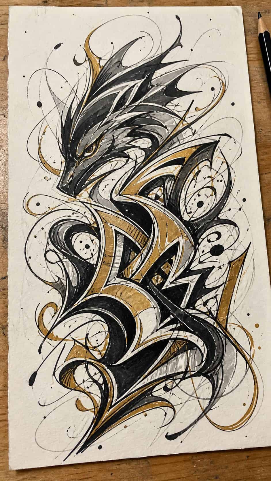 Hand-drawn graffiti calligraphy in marker drawing on textured paper, shown in a slightly off-center overhead composition, like an — study 1