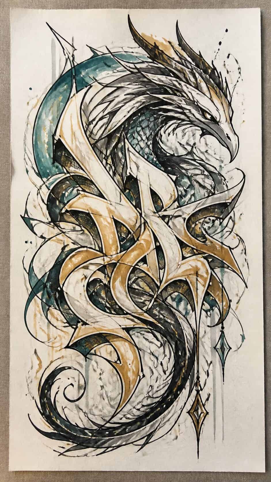 Hand-drawn graffiti calligraphy in marker drawing on textured paper, shown in a straight overhead view — study 2