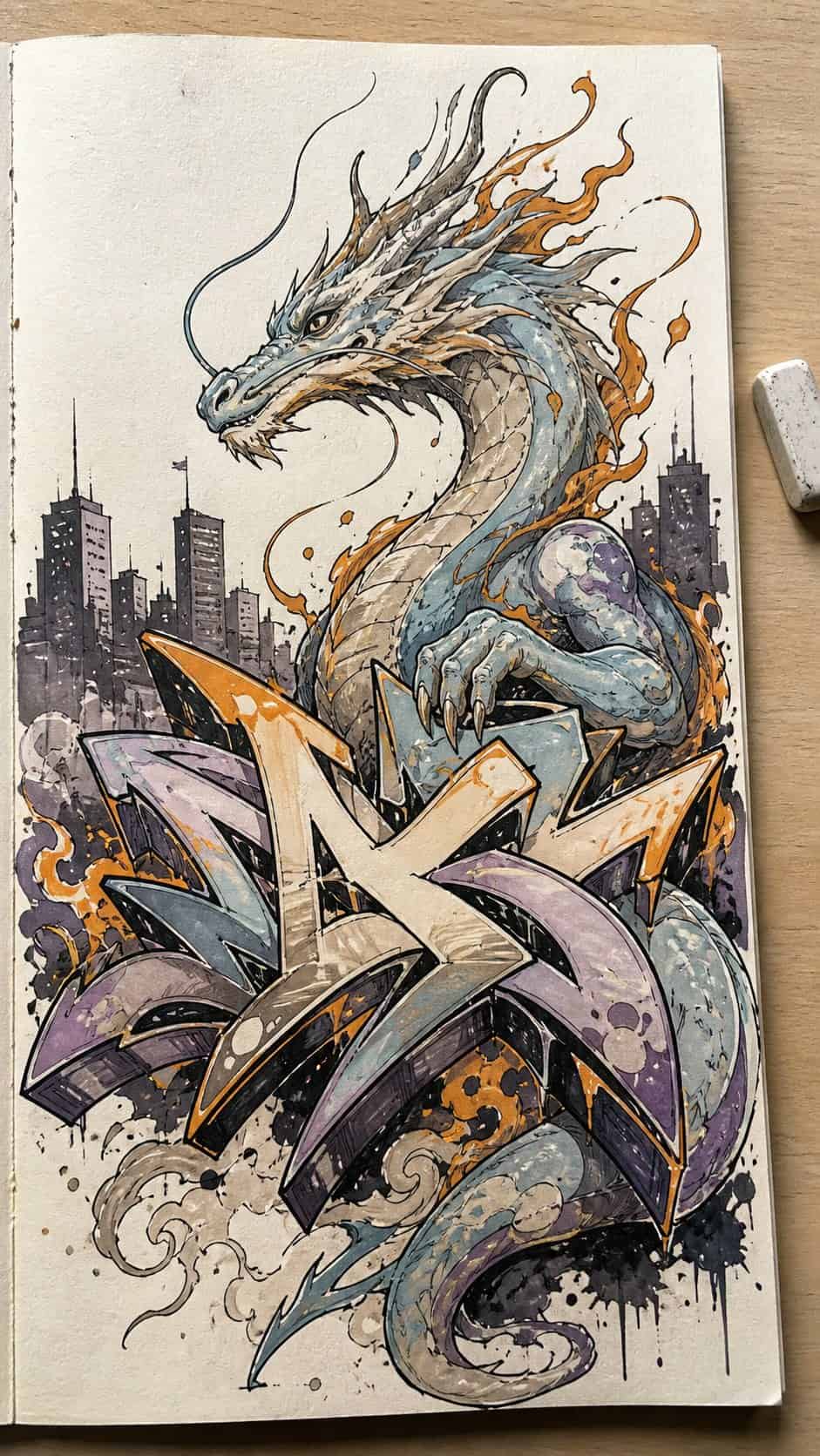 Hand-drawn mystical creatures in marker drawing on textured paper, shown in a close overhead crop — study 2