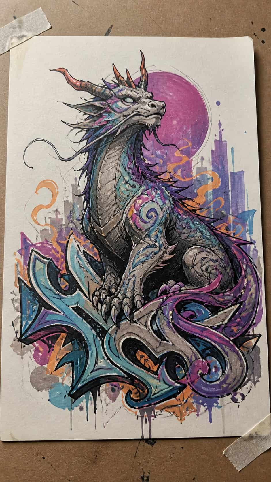 Hand-drawn mystical creatures in marker drawing on textured paper, shown in a slightly off-center overhead composition, like an artist — study 3