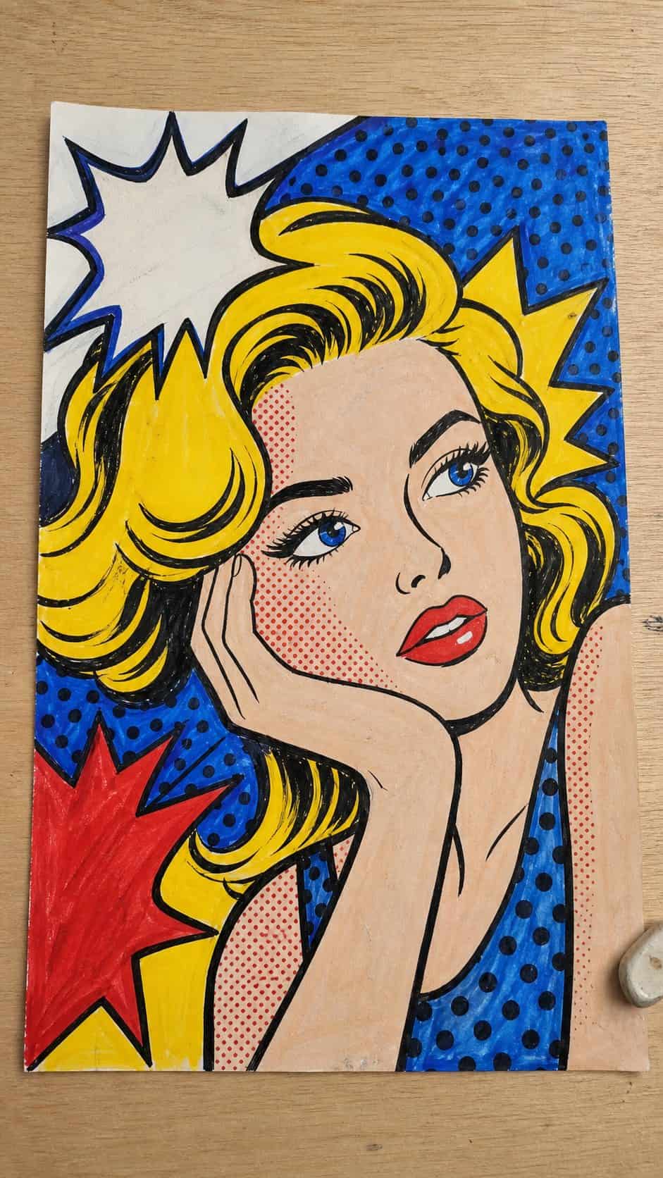 Hand-drawn pop art tribute in marker drawing on textured paper, shown in a straight overhead view — study 1